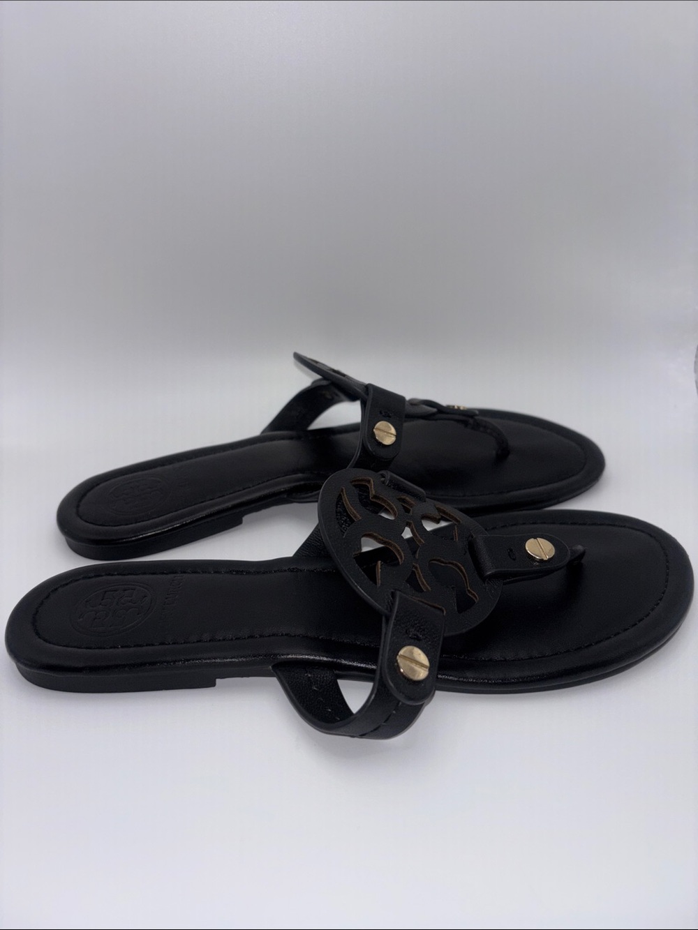 Tory Burch Miller Black Leather Logo Thong Sandals with Gold Accents - Picture 10 of 10